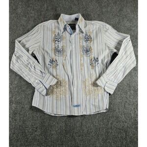 English Laundry Mens Large Striped Button Down Shirt Crest Gold Embroidery Blue